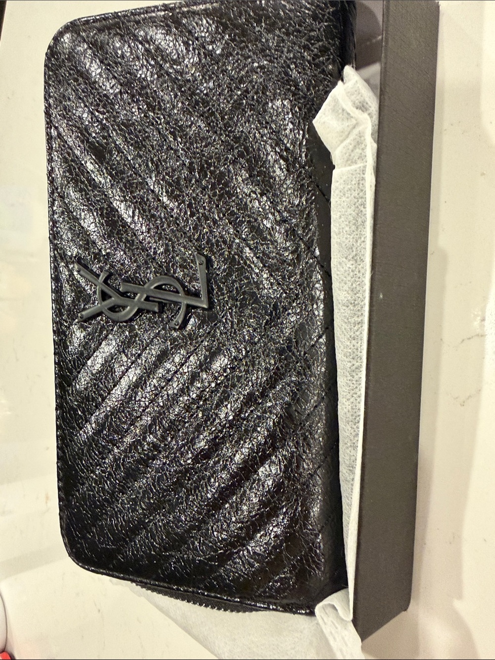 Saint Laurent Black Chevron Quilted Zip-Around Wallet